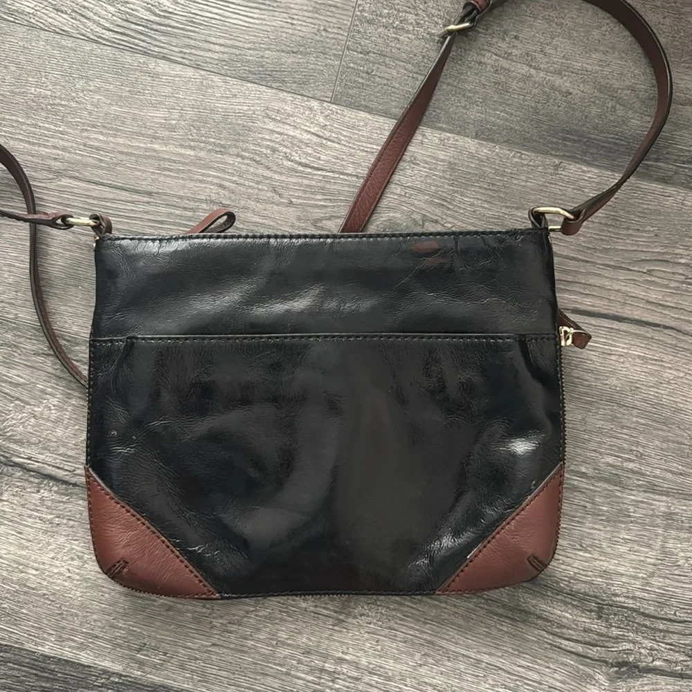 KATE SPADE Black Patent Leather w/Brown Leather Cross-Body Strap Shoulder Bag